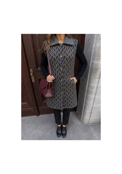 Onno Style Women Desenli Çelik Örgü Uzun Triko Kadın Yelek Kaban Gri