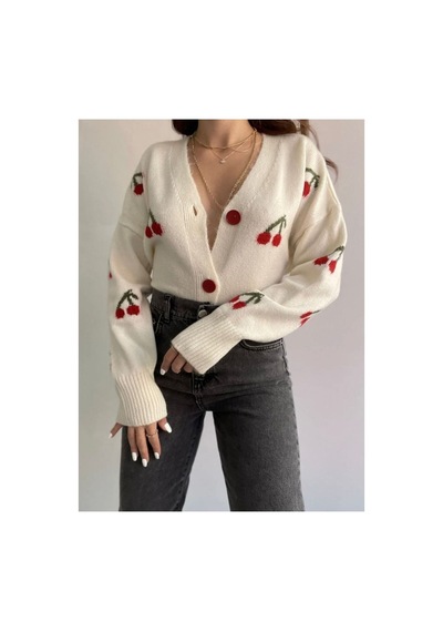 Flex Fashıon Kadın Trend Popüler Kiraz Detaylı Ekru Triko Hırka Ekru - 731502301 Ekru - 731502301 Ekru