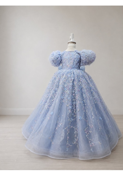 Star Kids Fashion Kız Çocuk Mavi Prenses Elbisesi Çiçek İşlemeli Tüllü Kabarık Kollu Doğum Günü Abiye Elbise