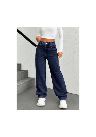 Kene Jeans Kemer Derili Tek Cep Nakışlı Lacivert Boru Paça Lacivert