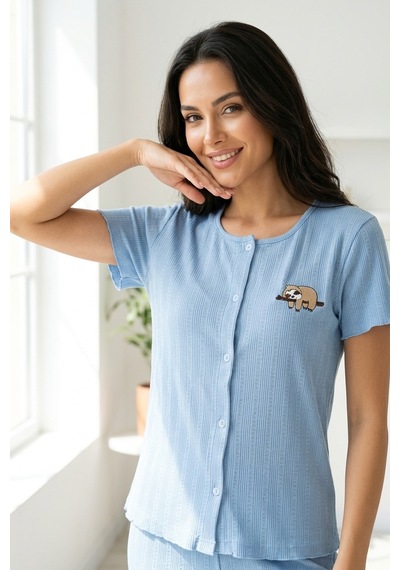 Mataş Kadın Ayıcık Desenli Bambu Viskon Kısa Kollu Yumuşak Soft Örme Pijama Takımı Mavi