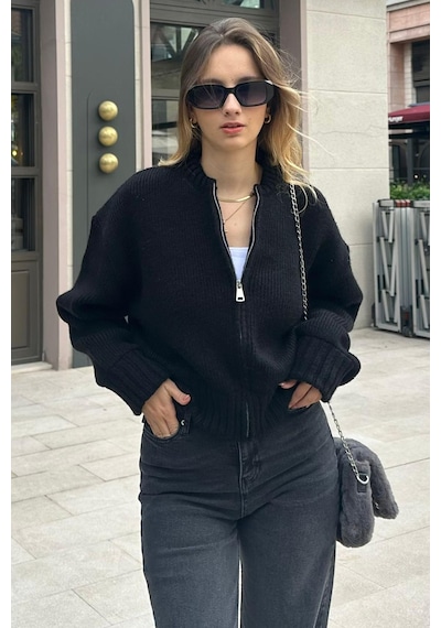 Madmext Siyah Fermuarlı Uzun Kollu Triko Hırka Mg2061 Siyah