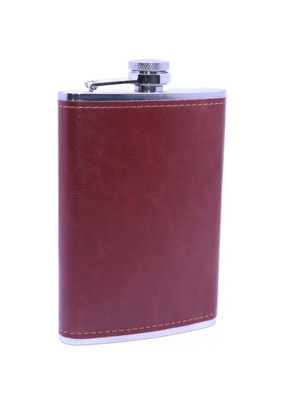 Kahverengi Deri Kaplama Paslanmaz Çelik Cep Matarası - Hip Flask 9 Oz