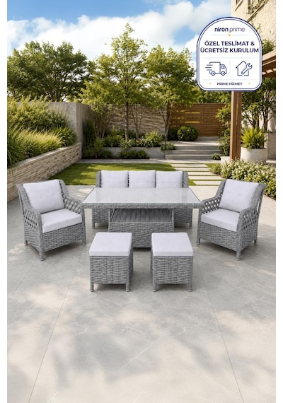 Niron Grand 3'lü Rattan Alüminyum Bahçe Oturma Grubu Gri - Temperli Cam Set 3+1+1+puf