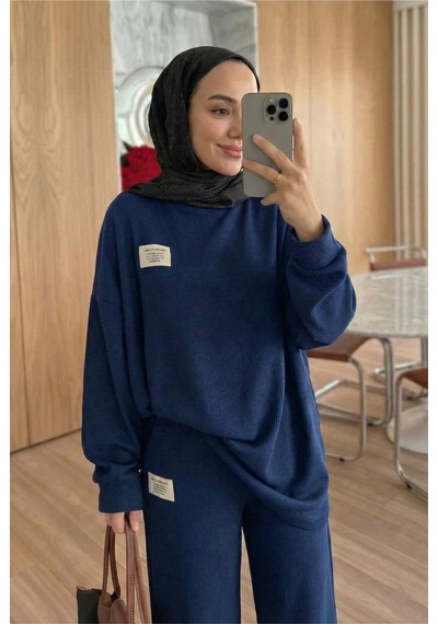 Unika Boutique Fitilli Armalı Detaylı Oversize Kaşkorse Basic Alt Üst Takım Lacivert