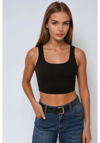 Hiccup Basic Bisiklet Yaka Crop Üst Siyah