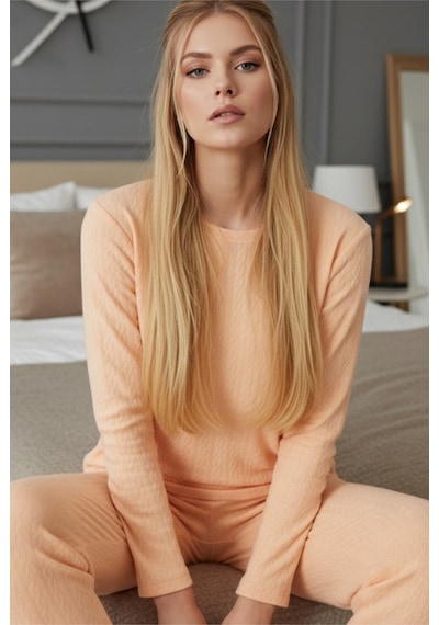 Siyah İnci Şardonlu Kışlık Örme Pijama Takım25226002 Yavruağzı