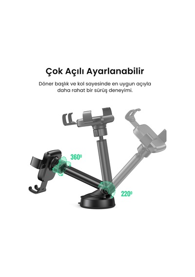 Ugreen Ayarlanabilir Kollu Araç İçi Vantuzlu Telefon Tutucu, Siyah, 60990b
