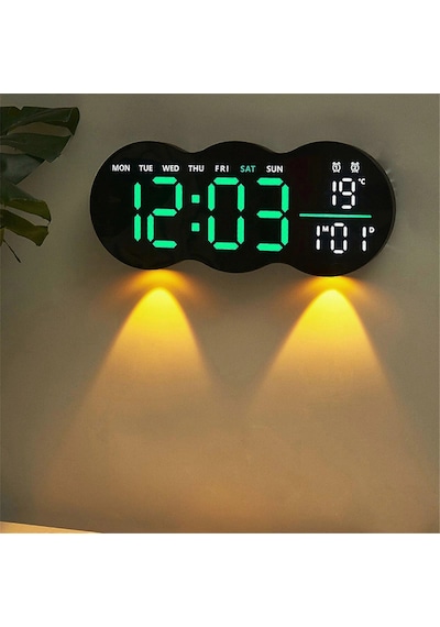 Etashop Uzaktan Kumandalı Bulut Led Duvar Saati Ortam Işıklı Büyük Dijital Ekran Çift Alarm Sıcaklık Siyah
