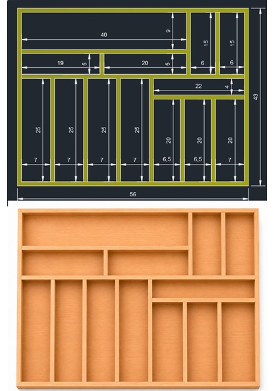 56x43 Cm Ahşap Kaşıklık Çekmece İçi Organizer Doğal Ahşap Mutfak Düzenleyici