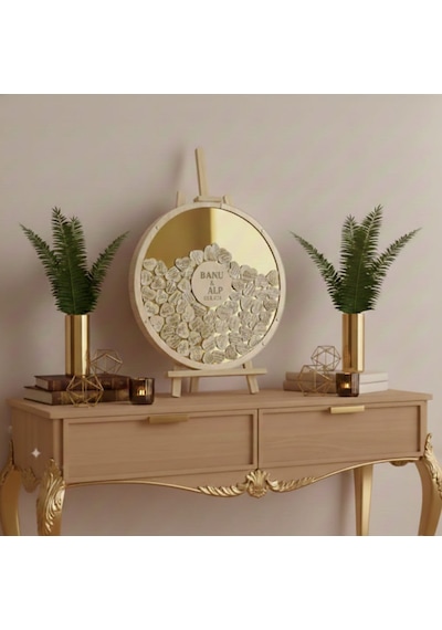 Evlilik Sepetim Düğün-nişan Gold Aynalı Pleksi 50 Cm Yuvarlak Misafir-hatıra Anı Defteri-kutusu + Şövale Ve Kalem Hediyeli
