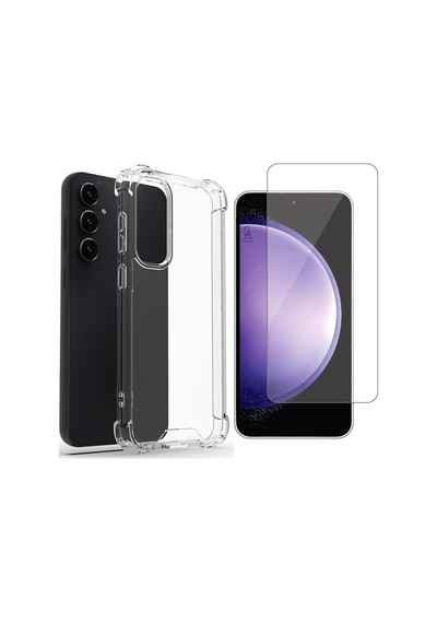 Samsung Galaxy Uyumlu S23 Fe Köşe Dolgulu Anti Shock Telefon Kılıfı Ve Kırılmaz Cam Ekran Koruyucu Şeffaf