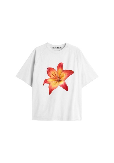 Kalic Studio Kadın Çiçek Özel Baskılı Renkli Oversize Penye Pamuklu Bisiklet Yaka T-shirt Beyaz-31