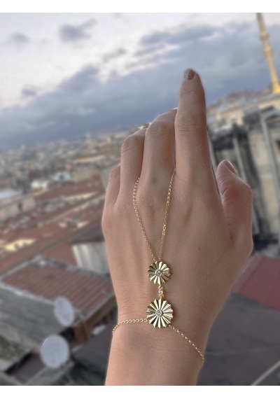 Taşsız İkili Papatya Desenli Gümüş Şahmeran Bileklik - Gold Gold