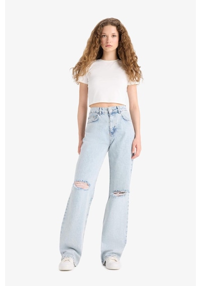 Defacto Straight Wide Yırtık Detaylı Yüksek Bel Uzun Jean Yıkamalı Pantolon E8016ax25smnm39 Mavi