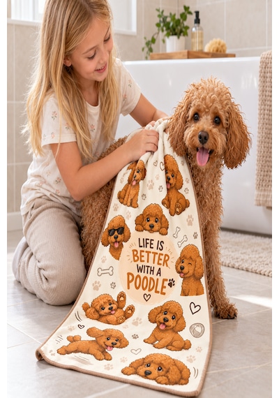 Kedi & Köpek Kurulama Havluları Poodle Joy Büyük Boy Hızlı Kuruyan 60x120cm