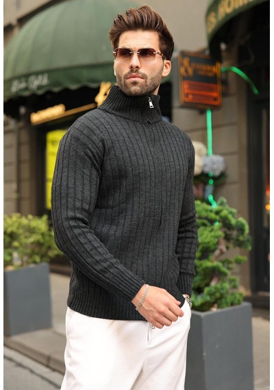 Madmext Antrasit Çift Fermuarlı Slim Fit Çizgili Erkek Triko Hırka E7522