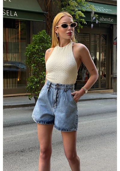 Buz Mavisi Çift Cepli Pileli Mini Denim Şort Çok Renkli