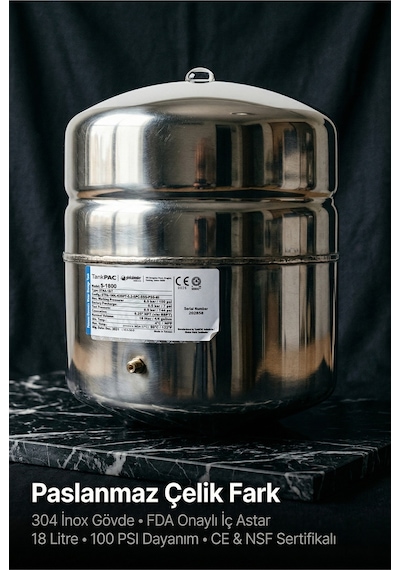 Pae S-1800 Tank Silver 4,8 Galon 18 Litre Paslanmaz Çelik Ters Ozmoz Su Depolama Tankı