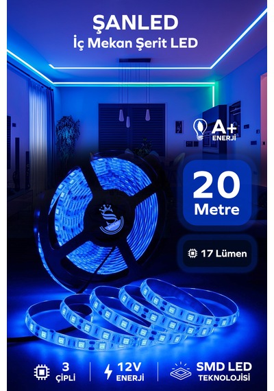 3 Çipli Şerit Mavi Renk 12v 20 Metre