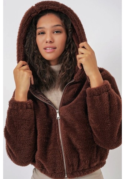 Defymoda 5193 Kapüşonlu Peluş Crop Ceket - Kahverengi Kahverengi