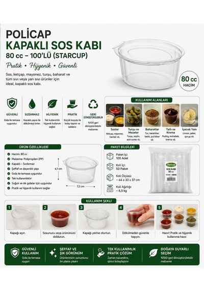Policap Kapaklı Sos Kabı 80 Cc 100'lü Starcup