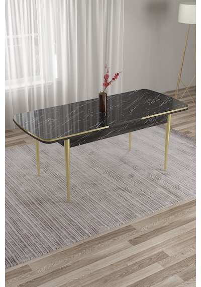 Canisa Concept Tia Serisi, Barok Ahşap Desen 80x132 Açılabilir Mdf Yemek Masası 6 Gri Sandalye Gold Detay Masa Siyah Mermer Desen Sandalye Siyah