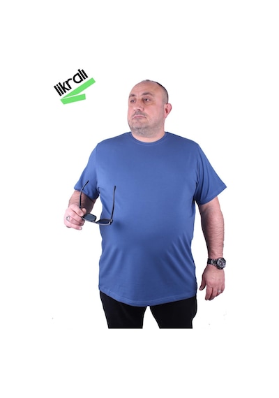 Moc Grande Mocgrande Erkek Büyük Beden Likralı Basic Sıfır Yaka Tişört 11160 Indıgo-Indıgo Çok Renkli