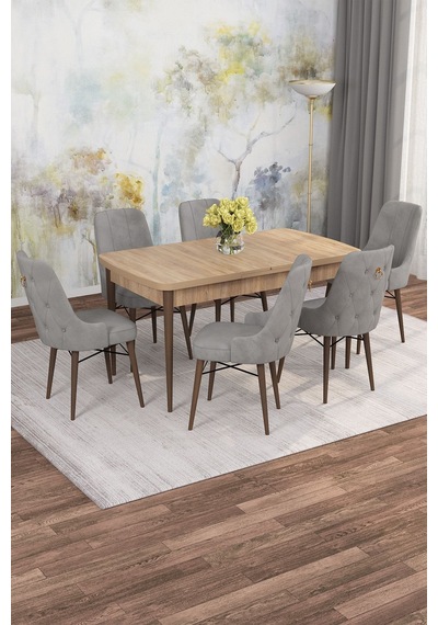 Mona Meşe Desen 80x132 Açılabilir Mdf Masa Yemek Odası Takımı, Mutfak Takımı 6 Adet Sandalye Meşe Masa - 6 Gri - Ceviz Ayak Mona Meşe Desen 80x132 Açılabilir Mdf Masa Yemek Odası Takımı, Mutfak Takımı 6 Adet Sandalye Meşe Masa - 6 Gri - Ceviz Ayak