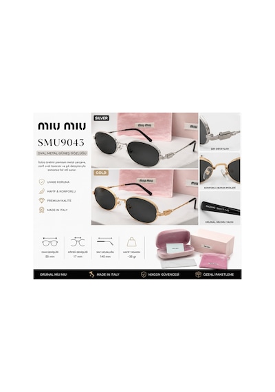 Miu Miu Smu9043 Kadın Güneş Gözlüğü Metal Çerçeve Füme Cam Made İn Italy - Silver Altın