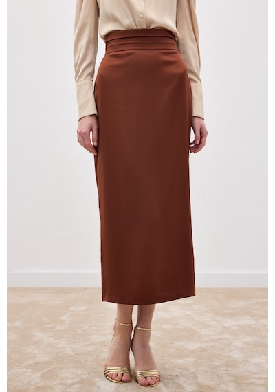 Sateen Bel Pile Detaylı Saten Etek - Kahve-136548 Kahve
