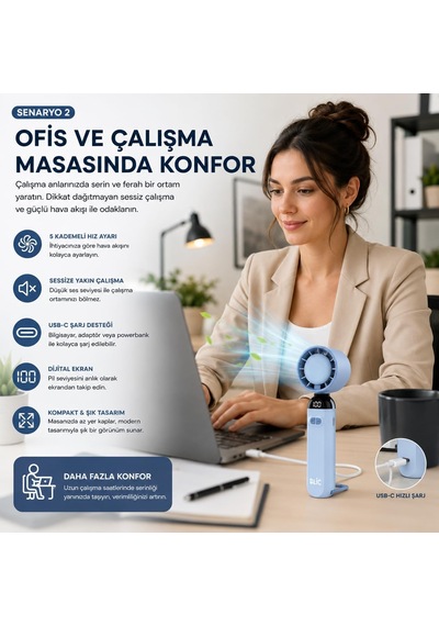Katlanabilir El Tipi Mini Fan, 12000 Rpm Güçlü Hava Akışlı, 5 Kademeli Dijital Göstergeli, Type-c Şarjlı Taşınabilir Soğutucu Fan Diğer
