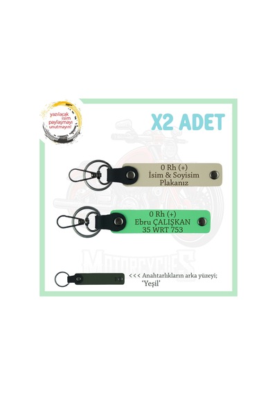 Motorcu Tarzı Plakalı & İsimli Deri X2' Li Anahtarlık, 0 Rh + Kan Grubu İle, S Kahve-f Yeşil-ysl Çok Renkli
