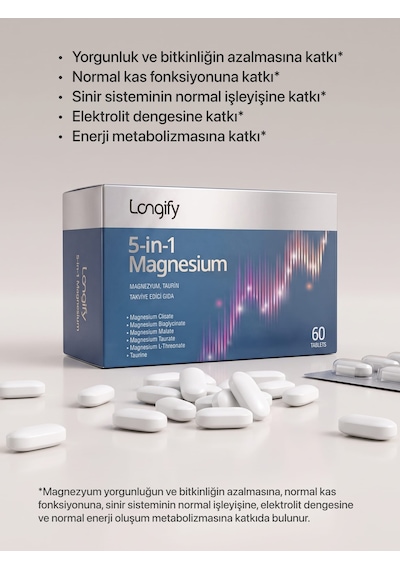 Longify 5-in-1 Magnesium Magnezyum Bisglisinat, Sitrat, Malat, L-treonat, Taurat Ve Taurin 60 Tablet