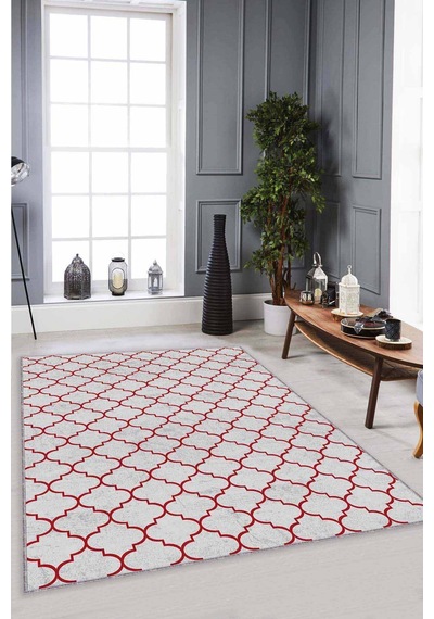 Bordo Fas Desen Kaymaz Taban Makinede Yıkanabilir Halı Fs08