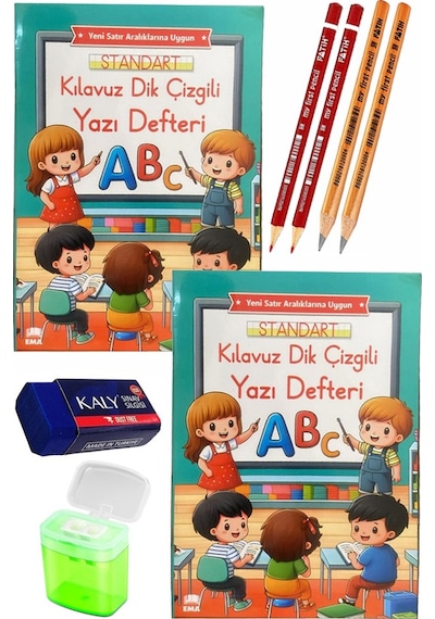 Kılavuz Dik Çizgili Güzel Yazı Defteri A4 Büyük Boy Fatih Kırmızı Ve Siyah Jumbo Kurşun Kalem Sınav Silgisi Kalemtraş