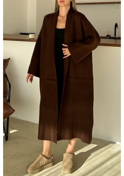 Olcay Oversize Kalın Triko Uzun Hırka Kahve 8274