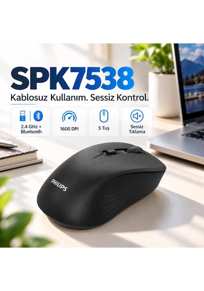 Philips SPK7538 Kablosuz Bluetooth 1600 DPI 5 Tuşlu Sessiz Mouse