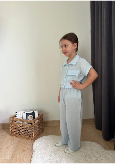 My Kids Wear Müslin Kumaş Kız Çocuk Takım Mavi