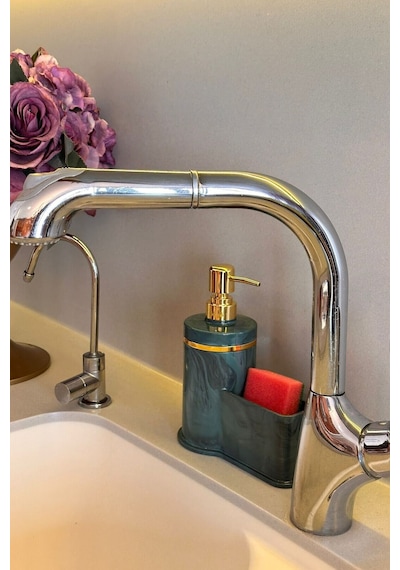 Makri Home Mutfak Veya Banyo İçin Şık Altın Rengi Detaylı Süngerlikli Sıvı Sabunluk , Yerli Üretim Yeşil