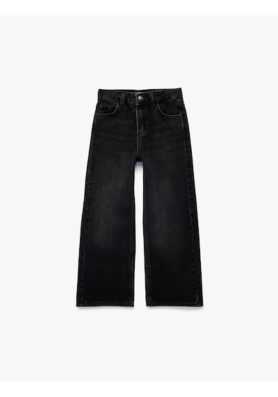 Koton Pamuklu Kanat İşleme Detaylı Geniş Paça Denim Pantolon Siyah 6skg40079ad Siyah