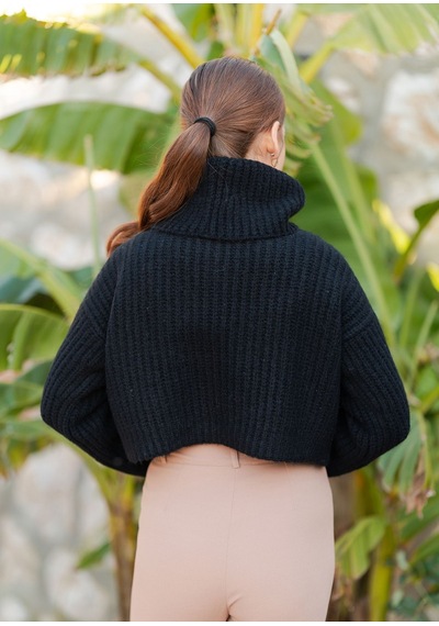 Balıkçı Yaka Örme Crop Kazak Siyah