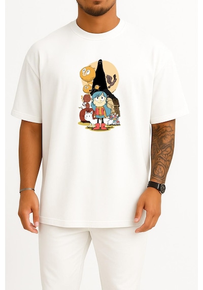 Bahriyeli Collection Oversize Hilda Ve Taş Orman, Çizgi Roman Göğüs Tasarımlı Unisex T-shirt Beyaz