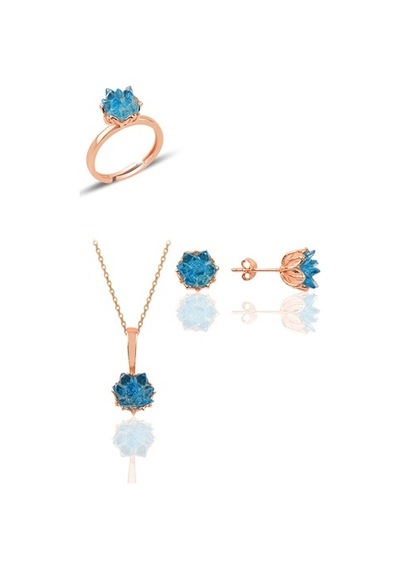 Gümüş Lotus Çiçeği Modeli Akuamarin Renkli Taşlı Üçlü Set
