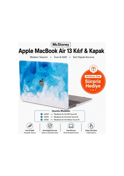 Macbook Air 13 İnç Kılıf A2337 M1 A2179 A1932 Uyumlu Hard Case Sert Kapak Suluboya Desenli Uv Baskılı Koruyucu Kılıf İnce Hafif Laptop Kılıfı Açık Mavi Belirtilmemiş