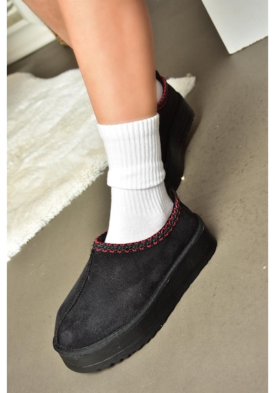 Fox Shoes R612047302 Siyah Süet İçi Tüylü Kalın Tabanlı Kadın Terlik Siyah