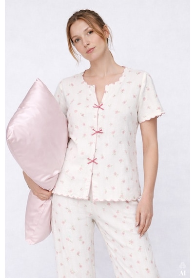 Koza İç Giyim Kadın Kısa Kollu Fiyonklu Fitilli Pijama Takımı Kk30131 Pembe - Beyaz