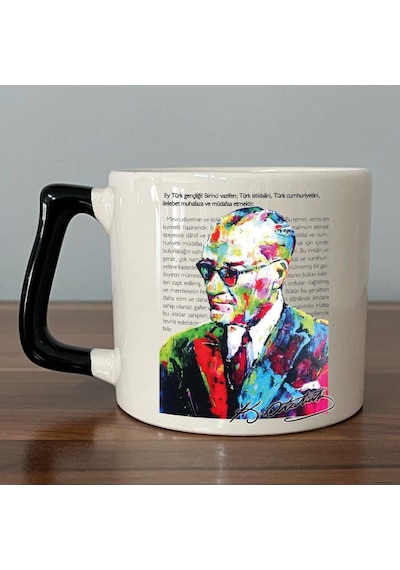 Renkli Atatürk Baskılı Gençliğe Hitabe Yazılı Siyah Kulplu Seramik D Kupa