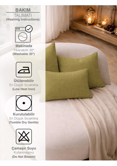 Br Perle Yağ Yeşili Keten Dokulu Dekoratif Kırlent Kılıfı Modern Salon Koltuk Yastığı Yeşil