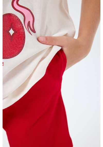 Rolypoly 3799 %100 Pamuk Kız Çocuk Kısa Kol Cepli Şort Pijama Takımı Ekru